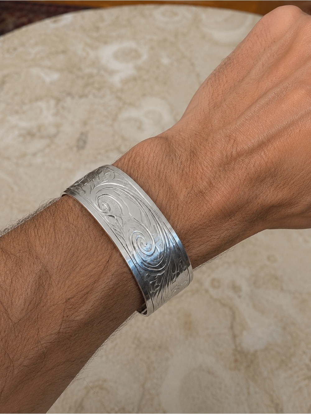 Handcrafted Sterling Silver Engraved Wide Cuff Bracelet | Scroll Design | 29.3g